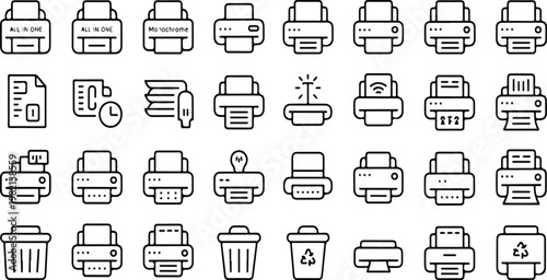 Printing and office technology line art icon set with printers, fax machines, paper and document management devices