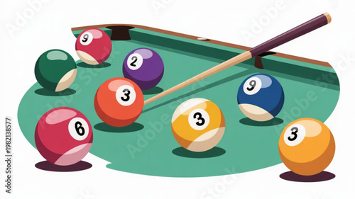 Colorful pool balls on a green billiard table with cue stick ready for a game of pool or snooker