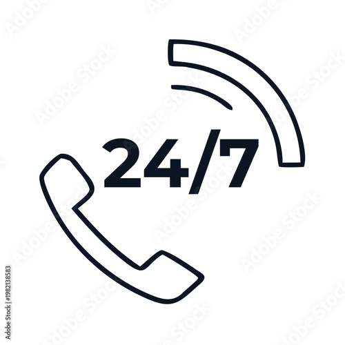 Icon depicting 24 7 availability with a telephone handset and signal arcs