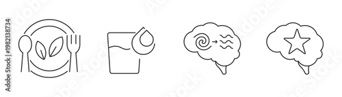 Set of four outline icons representing healthy lifestyle concepts nutrition, hydration, mental processing, and excellence. Perfect for health and wellness designs.