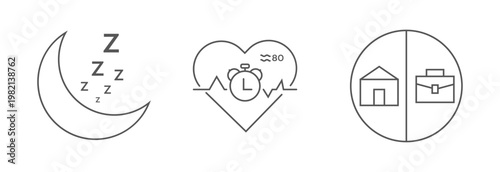 Set of line icons depicting sleep, heart health with rate 80, and worklife balance home and briefcase, illustrating daily routine and wellness concepts.