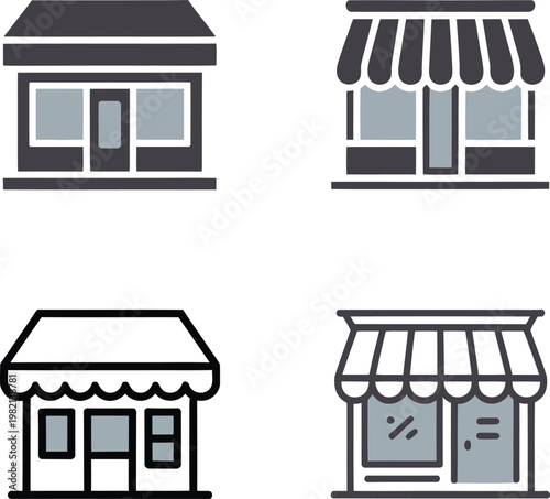 Set of store and shop icons with awnings small business street front building commercial business frontage marketplace commerce establishment