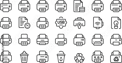 Printing and office technology line art icon set with printers, fax machines, paper and document management devices