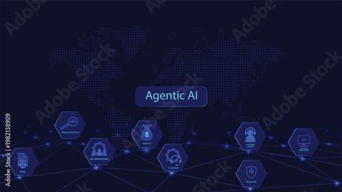 agentic artificial intelligence network visualization with connected nodes and smart automation vector poster