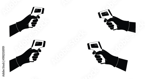 Four hands holding infrared thermometers against a white background