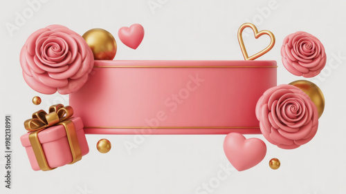 Pink roses gift box and hearts decorate a pink banner on a light background for valentine's day or love celebration