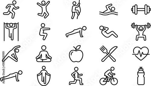 Fitness and Healthy Lifestyle Icon Set with Exercise Activities, Gym Training, Yoga Poses, Nutrition Symbols, and Wellness Outline Vector Collection