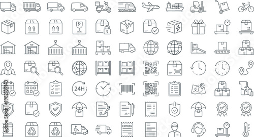 Logistics and Delivery Icon Set with Shipping, Warehouse, Tracking, Packaging, Transportation, and Supply Chain Outline Vector Collection for Business and E Commerce