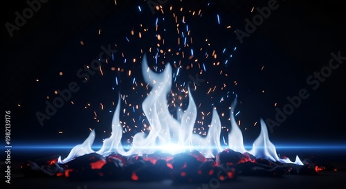 Mystical Blue Fire and Sparks Erupting from Glowing Embers on Dark Background