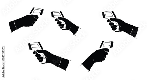 Four hands holding infrared thermometers against a white background