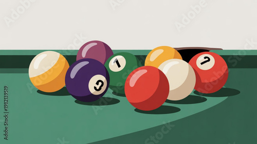 Colorful billiard balls on a green pool table with numbered labels