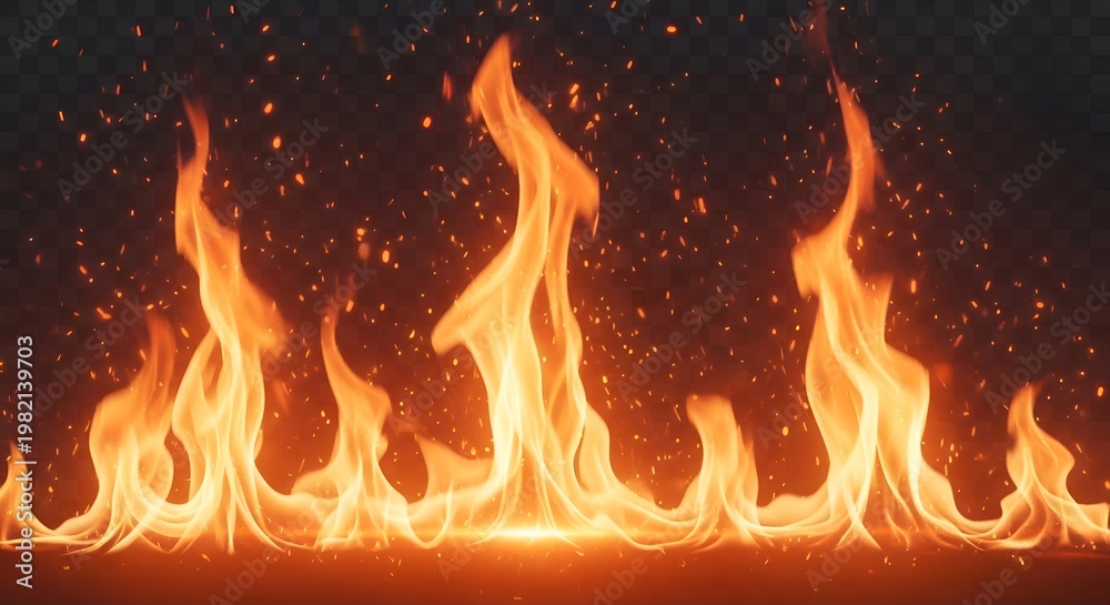 Fototapeta premium Fiery Flames and Sparks Igniting in Dark Background - Abstract Fire Element