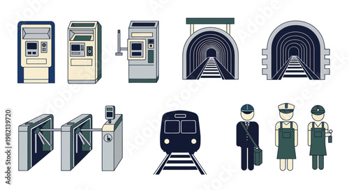 Set of subway and railway station icons including ticket machines and staff