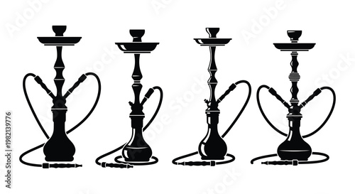 Four decorative hookah silhouettes arranged in a minimalist black and white style