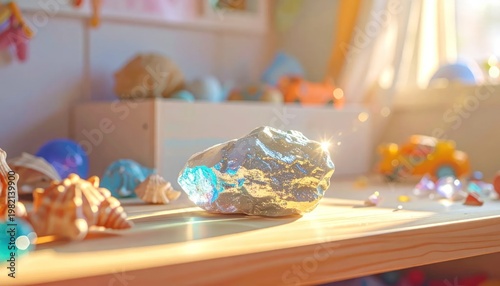 Sparkling gem sits among toys on a shelf in a sunlit room