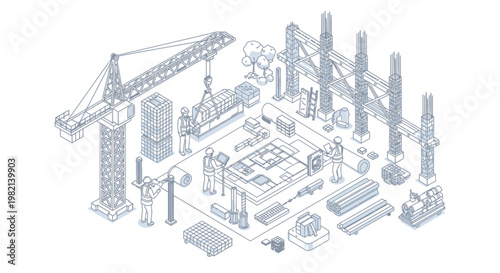 Isometric illustration of a construction site with workers and machinery.