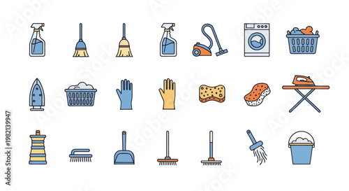Collection of flat icons for cleaning and household chores.