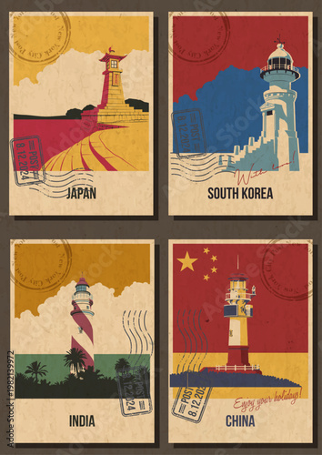 Japan, South Korea, India, China Lighthouse Attraction Postcard Set, Asian Light Beacon Popular Place Illustrations, Vector Templates Retro Style Greeting Cards. Vintage Colors, Aged Paper Texture