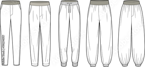 Casual athletic pants five style variations waistband cuffs flat vector
