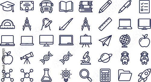 Education and Science Line Icon Set Featuring School Supplies, Learning Tools, Chemistry, Astronomy, Mathematics, Technology, and Academic Symbols for Digital and Print Design