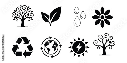 Eco-Friendly Icon Set: Tree, Leaf, Water Drop, Flower, Recycle, Globe, Bee, Sun Energy Icons for Nature and Sustainability 