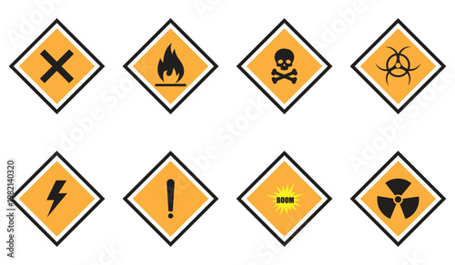 Hazard Warning Icon Set – Radiation, Skull, Electric, Fire and Explosion Danger Symbols Vector