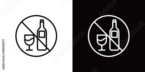 飲酒禁止のラインアイコン。白い線と黒い線のモノクロベクターイラストセット