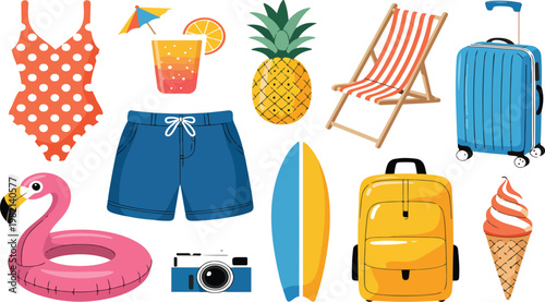 Cartoon summer icon and sticker set with flat hand drawn elements for beach vacation, holiday weekend and seasonal design