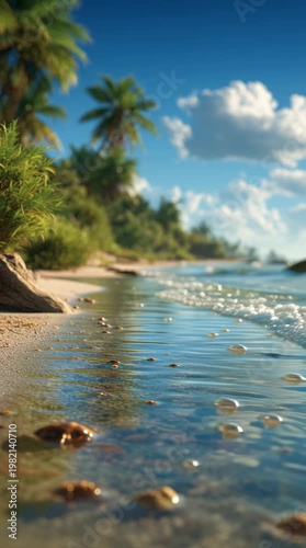 Calm water reflection tropical beach nature scene sunny day close-up view serenity