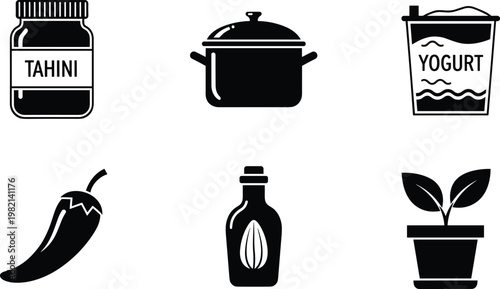 Cooking ingredients vector icon set with tahini jar, yogurt cup, chili pepper, olive oil bottle, cooking pot and herb plant, minimal kitchen symbols