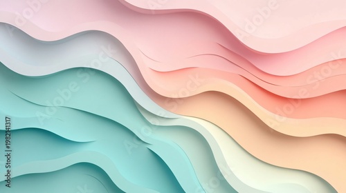 Abstract Layered Paper Cut Waves in Pastel Coral, Beige, and Teal Colors, Modern Minimal Background Design