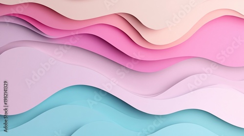 Abstract Layered Paper Cut Waves in Pastel Pink and Blue Colors, Minimal Modern Background Design