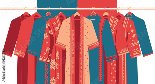 Collection of colorful traditional clothes with patterns displayed on hangers in a clothing rack, vibrant and cultural.
