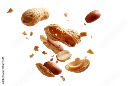 Flying peanuts with cracked shells and scattered crumbs isolated on transparent background