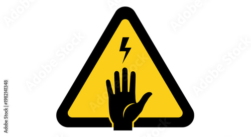 Danger sign with hand and lightning bolt symbol, warning of electric shock or high voltage, isolated black triangle.