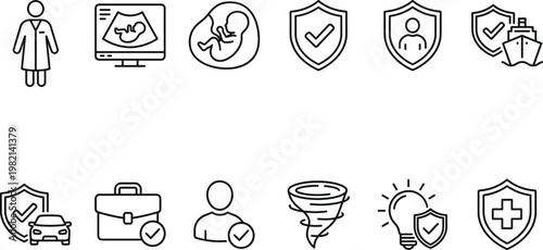 Insurance and Protection Icon Set with Health, Life, Pregnancy, Medical Care, Auto Coverage, Business Security, and Risk Management Outline Vector Collection