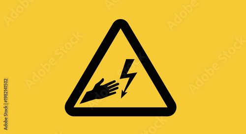 Yellow Warning Sign with Black Triangle and Hand Holding Lightning Bolt Symbol for Electrical Hazard
