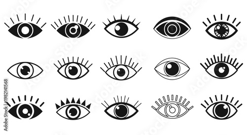 Collection of Various Stylized Black and White Human Eyes on Isolated White Background