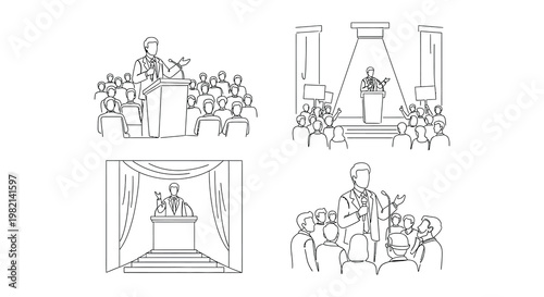 Line art illustrations depicting public speaking presentations and political rallies
