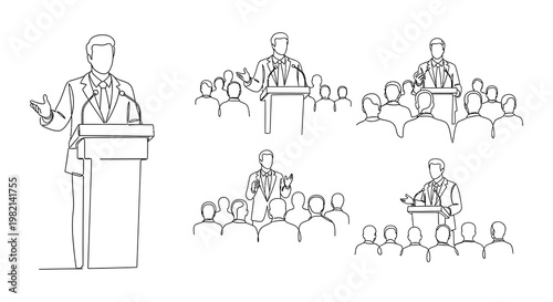 Line art illustrations depicting public speaking presentations and political rallies
