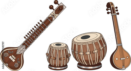 Traditional Indian Percussion Instruments Featuring Dholak and Djembe Drum Vector IllustrationTraditional Indian Percussion Instruments Featuring Dholak and Djembe Drum Vector Illustration