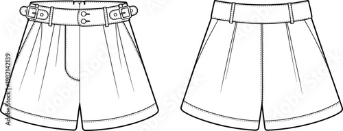Wide belt pleated fashion shorts front back view sketch flat vector