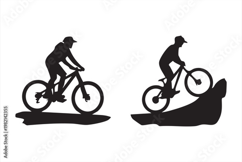 Two cyclists on mountain bikes riding over rocks and uneven terrain
