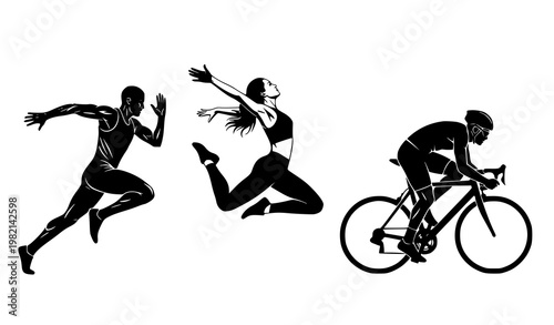 Athlete Silhouettes Set Runner Jumping Woman Cyclist Motion Vector Collection