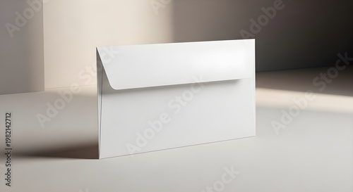 Blank white envelope mockup standing on a neutral surface, clean minimalist design for stationery branding and corporate identity presentation