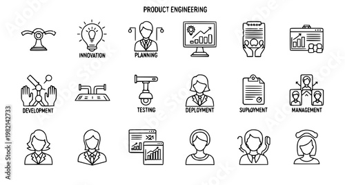 Product engineering outline icon set with design development testing and deployment symbols in modern vector style