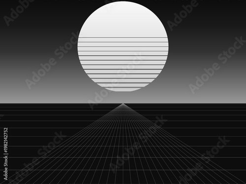 Synthwave Retro Sunset Neon Grid Landscape Background Vector