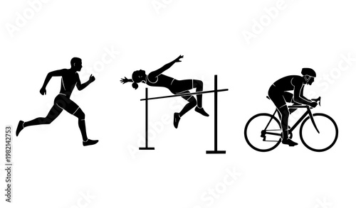 Sports Motion Silhouettes Runner Jumping and Cycling Athletes Vector Set