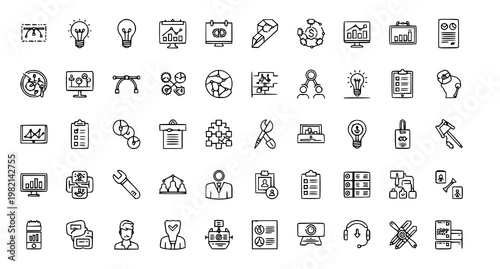 Product engineering icon set with design planning testing and deployment symbols in clean vector illustration style