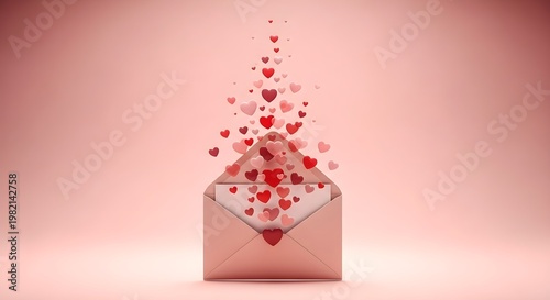 Open pink envelope with a cascade of floating red and pink hearts rising upwards, romantic concept for valentines day or love letter on a soft pink background